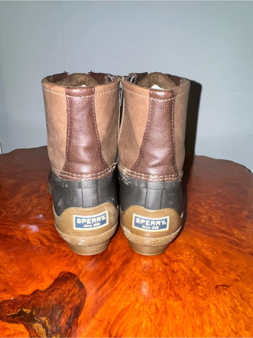 Sperry Brown and Black Duck Boots with Light Blue Laces