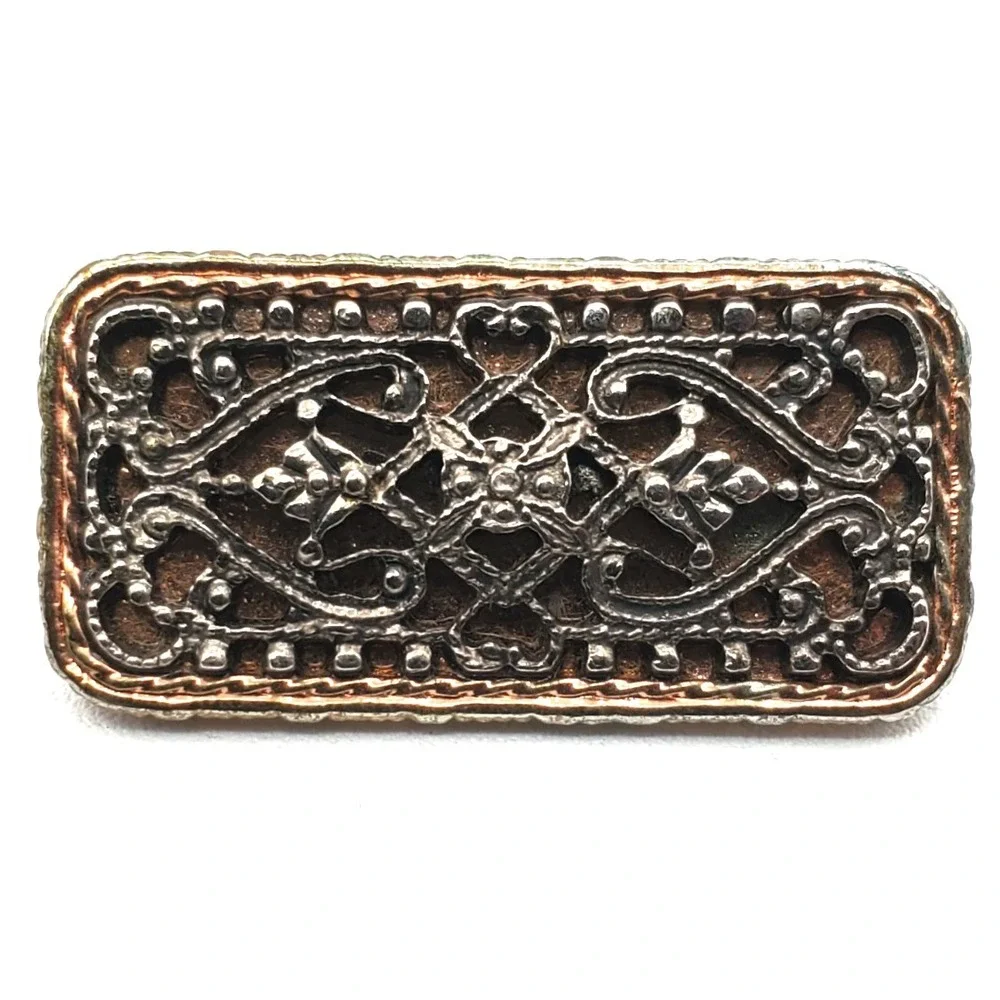 Gothic Celtic Scrollwork Openwork Bar Brooch Silver & Copper Tone 1.5