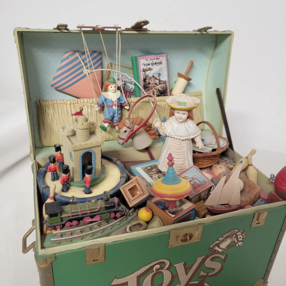 Enesco Green Toy Chest with Colorful Vintage Playset Figurines