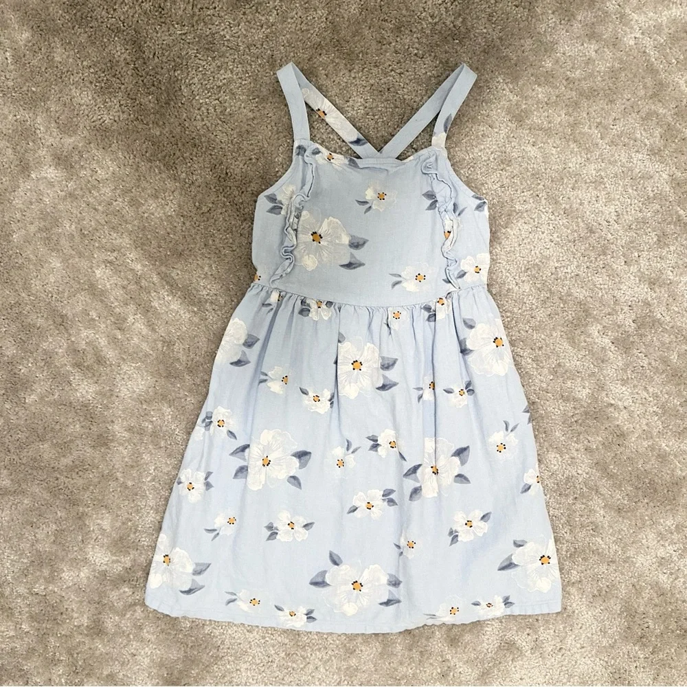 Carter's Light Blue Floral Linen Dress Girls size 7 White Flowers Cris Cross