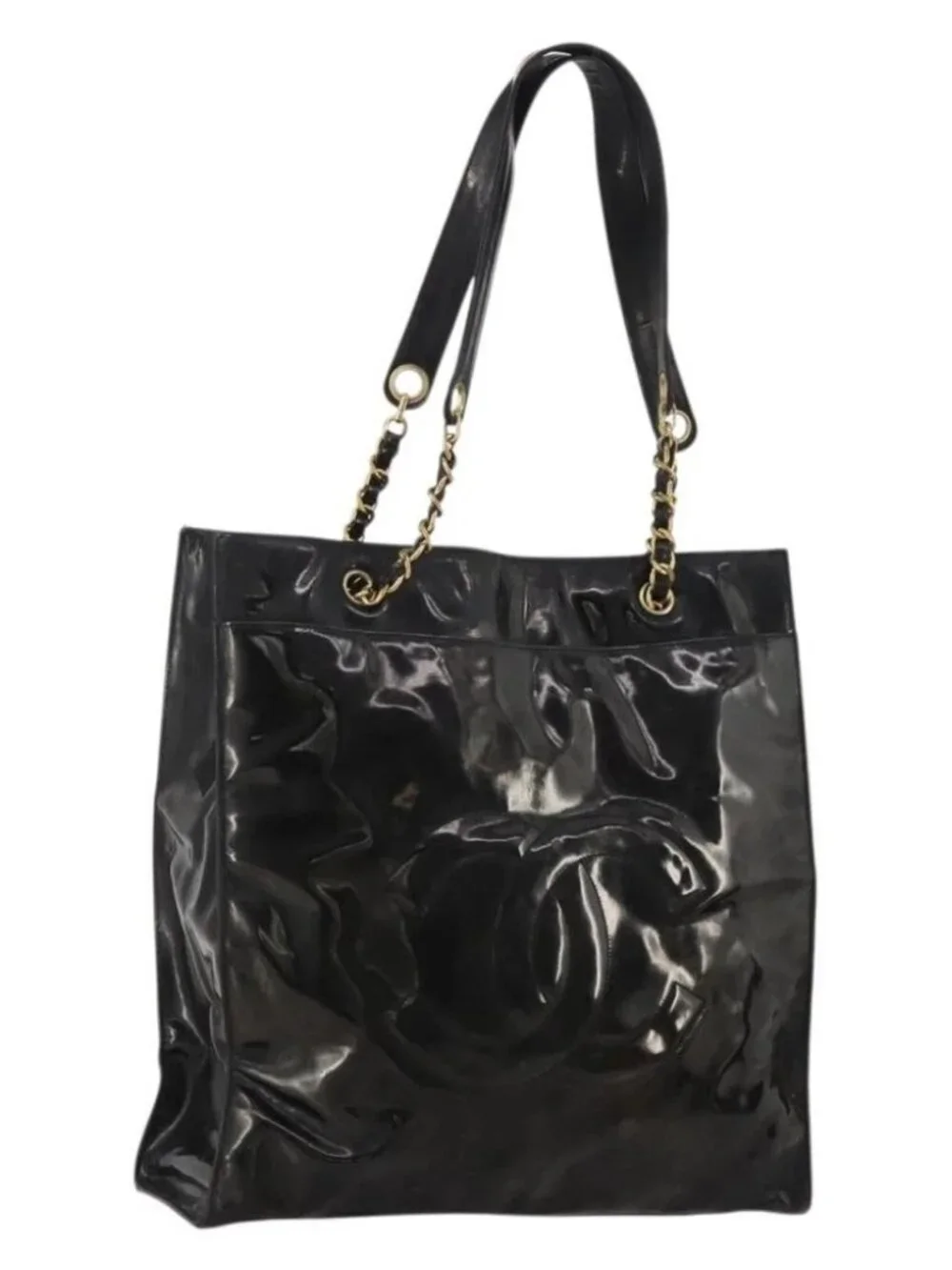 CHANEL Chain Tote Bag Patent Leather Black Gold CC Auth bs34312