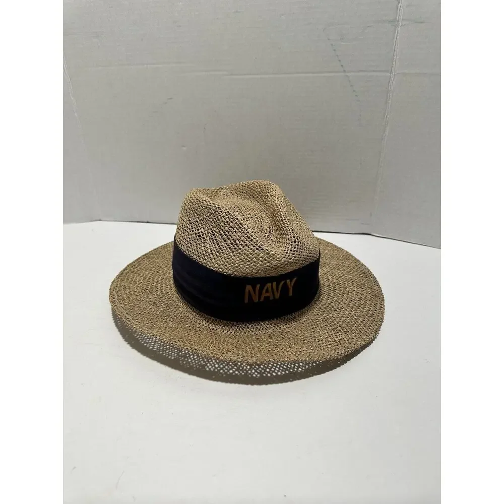 Straw Safari‎ Wicker Hat Panama Unisex With Band Navy Written