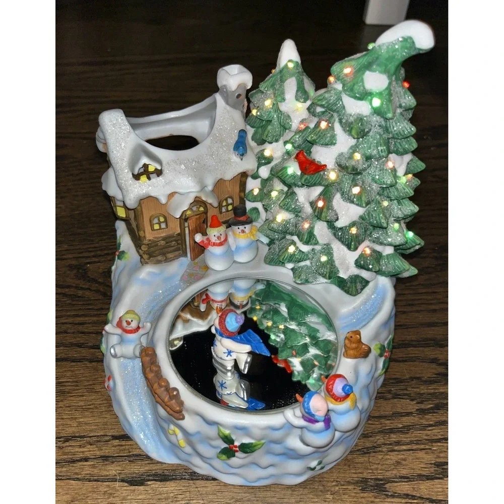 Home Interiors Musical Lighted Winter Scene Skating Snowman Figurine Works Great