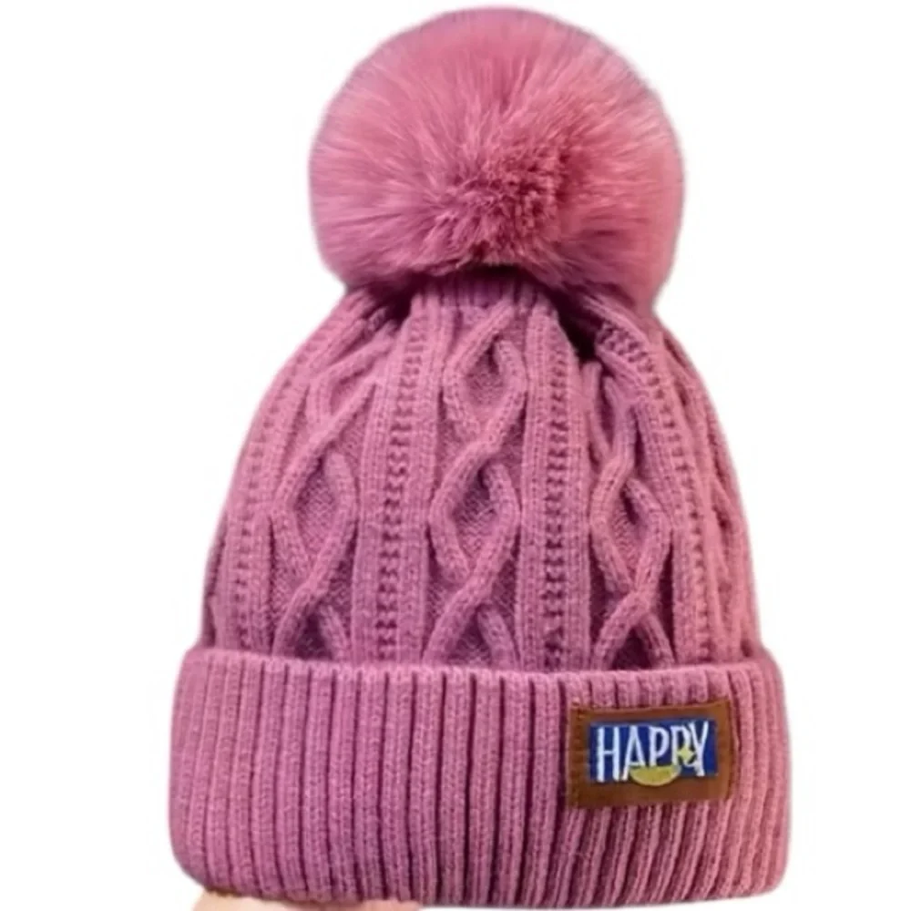 Pinkish Purple Textured Knit Pom-Pom Warm Winter Beanie NWOT