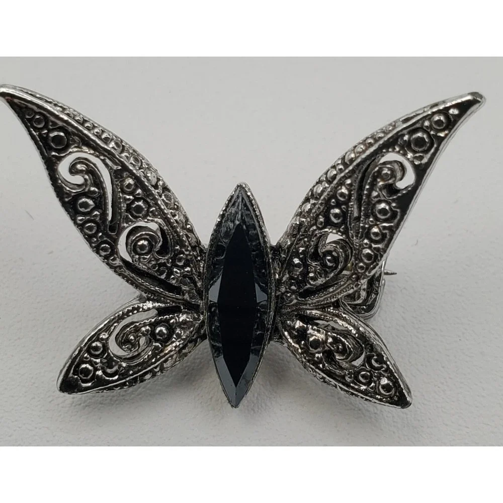 Vtg Filegree Butterfly Brooch Silver-Tone Black Rhinestone Pin