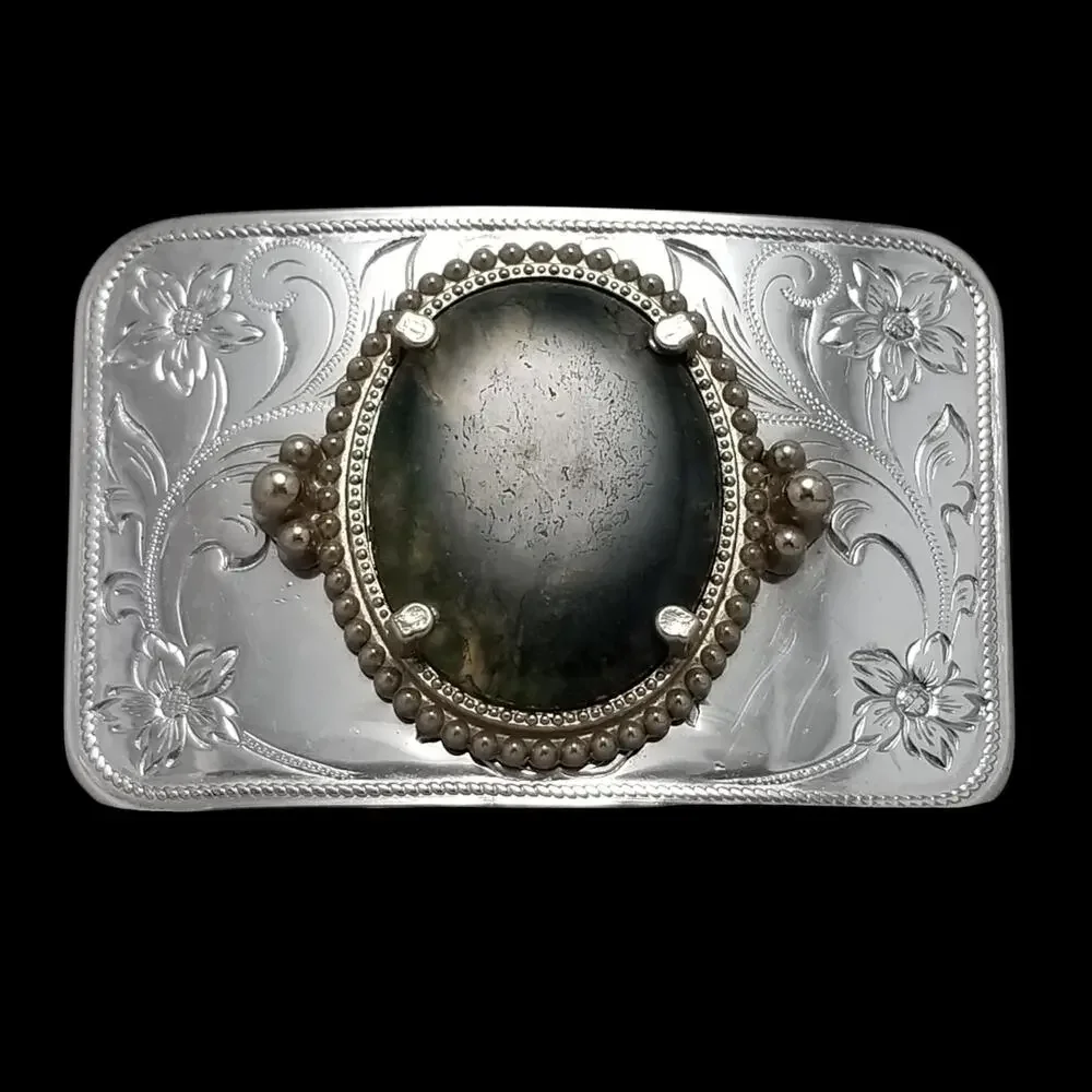 Vintage‎ Belt Buckle Cabochon Agate Western Filigree Carved Flowers Silver Color