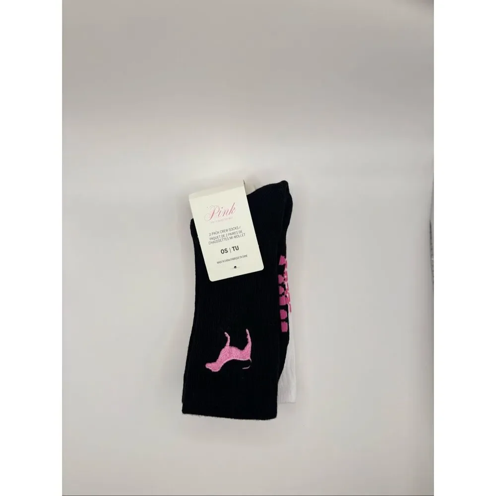 PINK Victoria’s Secret 2-Pack Crew Socks White Black One Size NWT