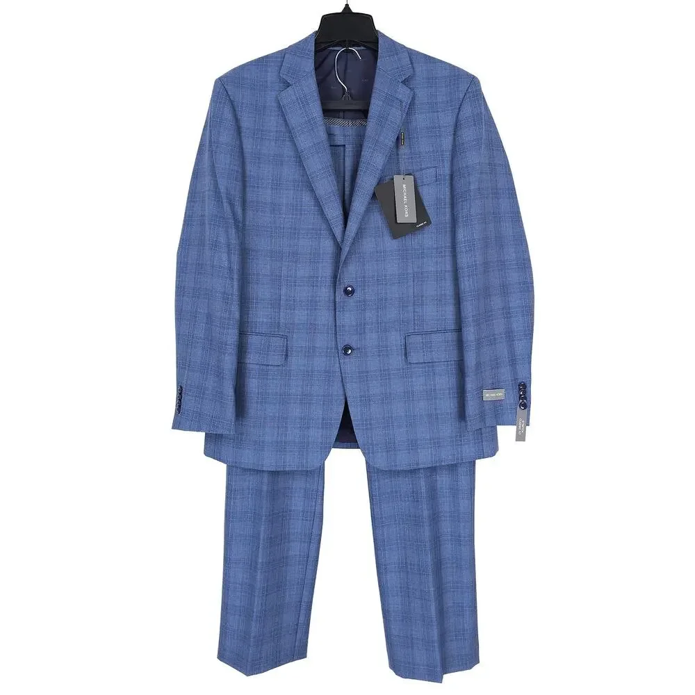 Michael Kors Mens Classic Fit 2 Piece Suit 42R 38x30 Blue Plaid Stretch Wool NWT