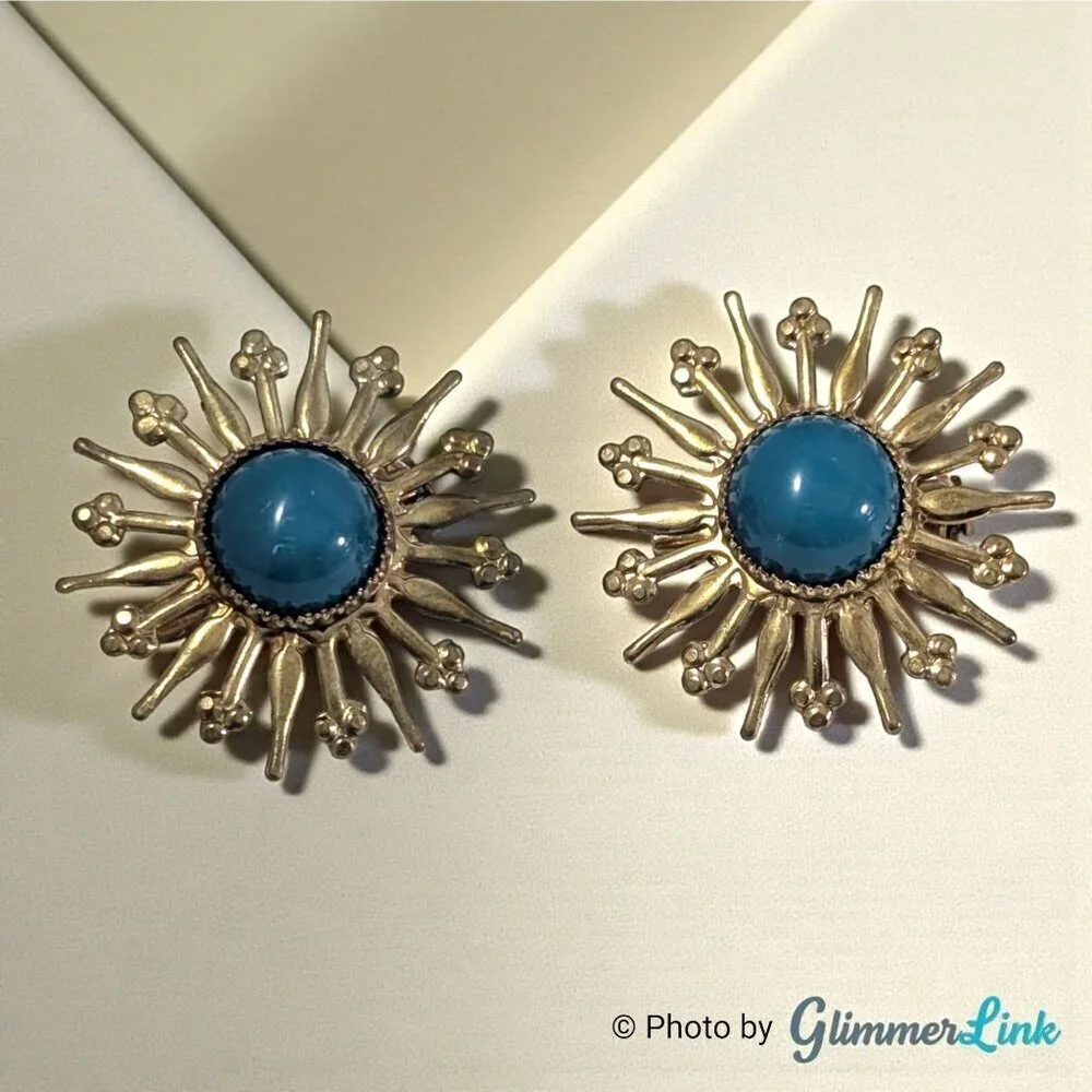 Vintage Starburst Scatter Brooch Set Gold Tone with Blue Cabochons Set of 2