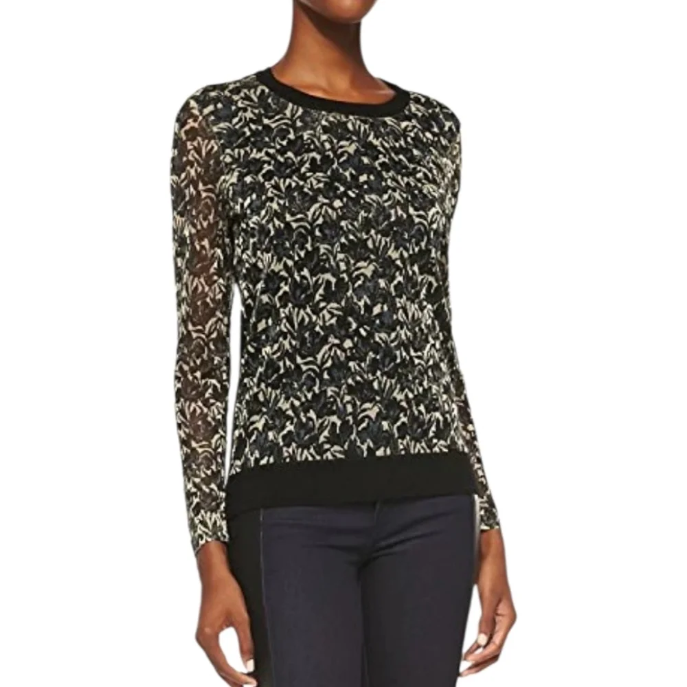 TORY BURCH HONOUR METALLIC-PRINT JACQUARD & KNIT SWEATER - Size Small