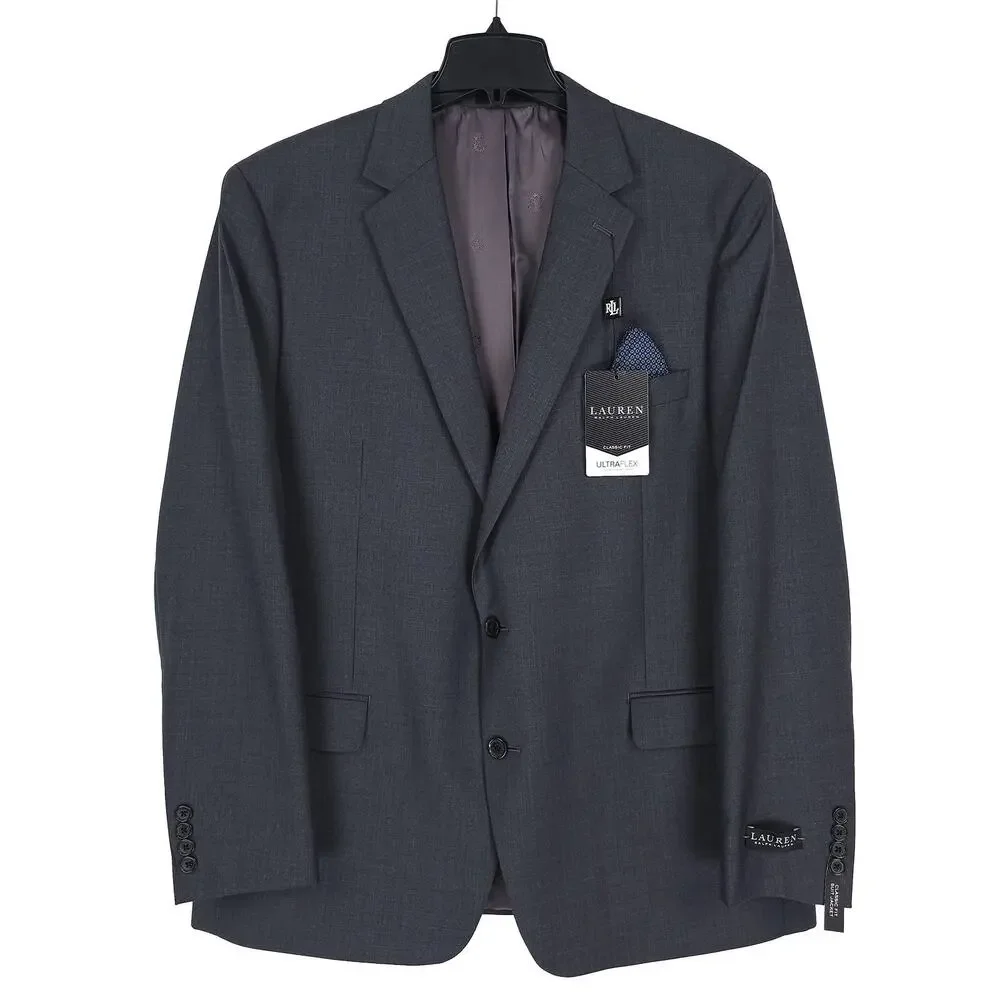 Lauren Ralph Lauren Mens Classic Fit Suit Jacket 46L Charcoal Solid Stretch Wool