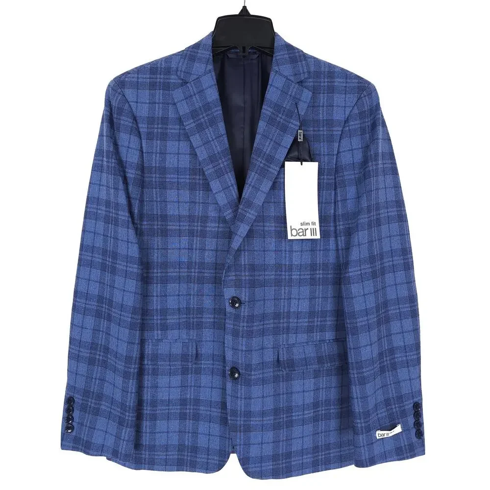 Bar III Mens Slim Fit Sport Coat Blazer 46R Blue Plaid Linen Cotton Blend NWT