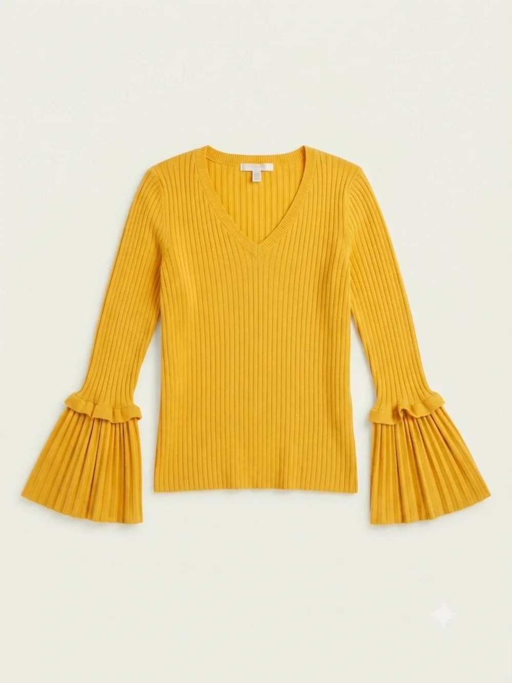 Michael Kors Ribbed Bell Sleeve Sweater Womens Medium Yellow V-Neck Knit Top