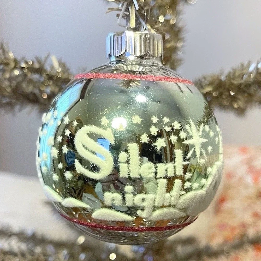 Radko Shiny Brite‎ Stenciled Flocked Ornament Silent Night Green Pink Silver MCM