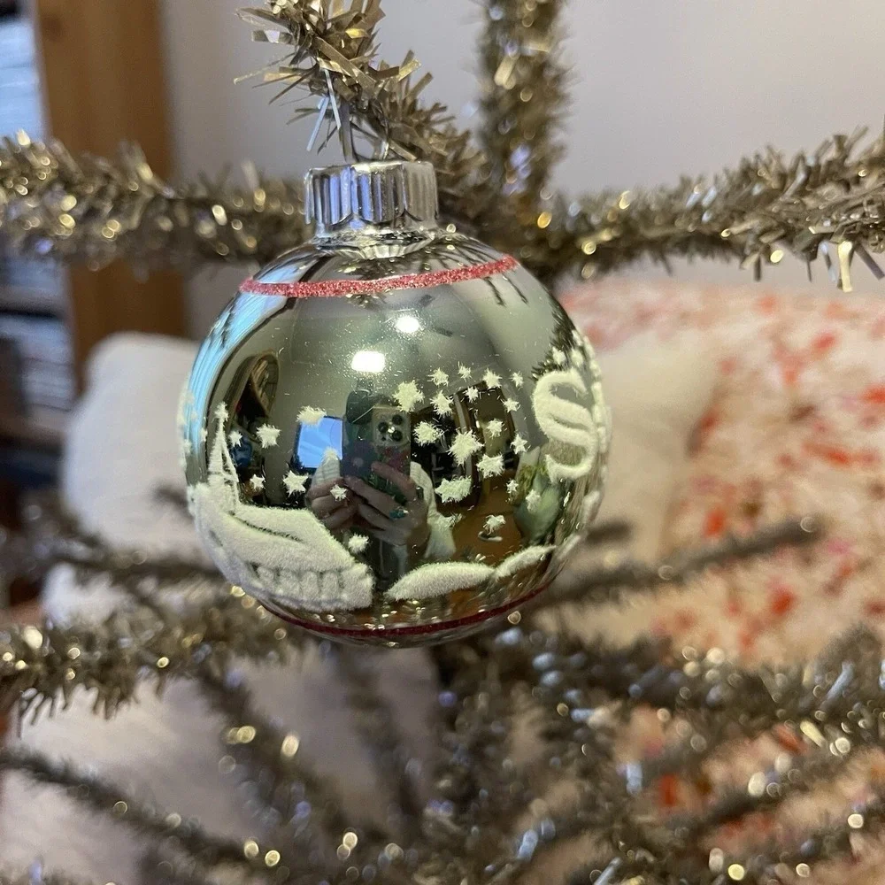 Radko Shiny Brite‎ Stenciled Flocked Ornament Silent Night Green Pink Silver MCM