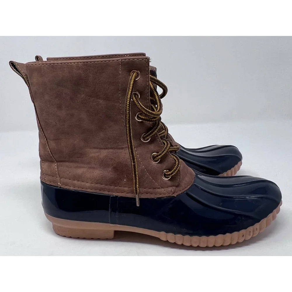 Green Forest Women's Rain Boots‎ Navy Brown Flannel Lining Size 7
