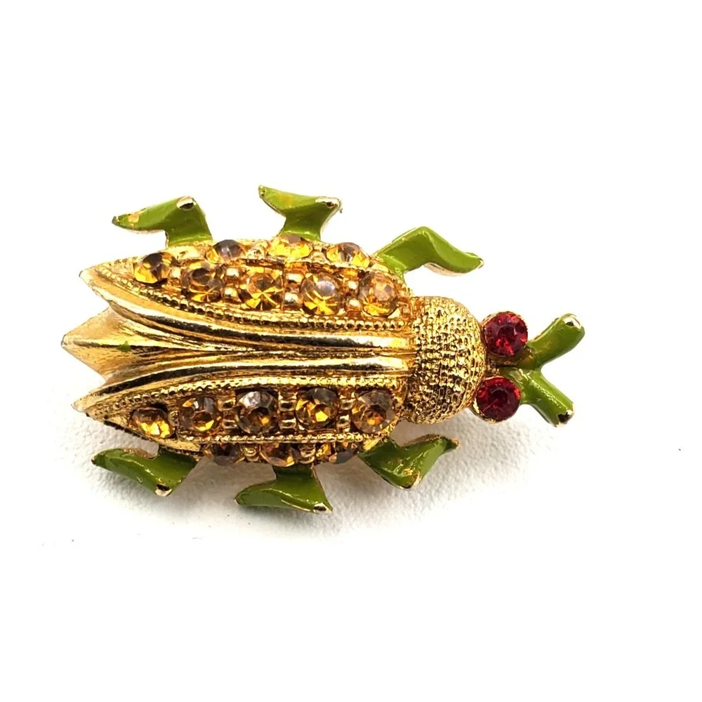 Vintage 6 Legged Red Eye Bug Pin Brooch Gold Tone Yellow Rhinestone Encrusted