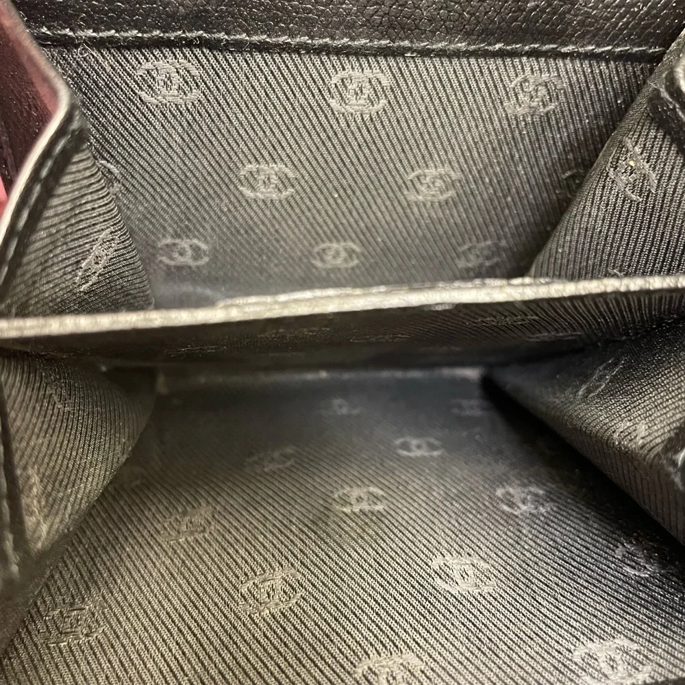CHANEL COCO Button W Hook Wallet Black Leather Trifold