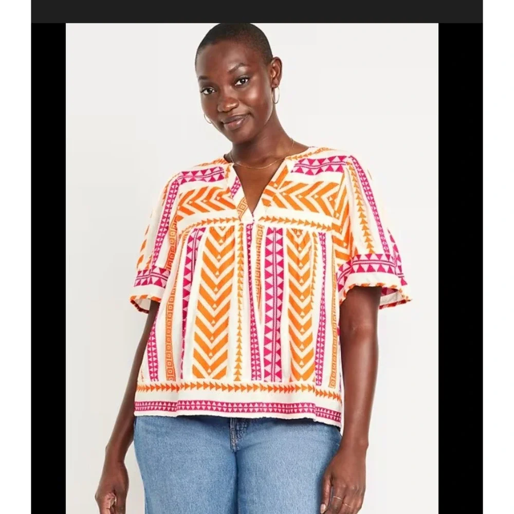 Old Navy Womens  Small Pink Geometric‎ Jacquard Babydoll V-Neck Blouse Boho