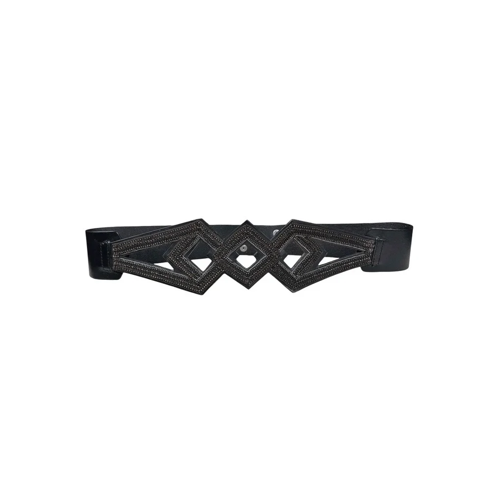 DIESEL Black Wide Leather‎ Belt Geometric Cut Out 100% Cow Leather Sz 90 cm