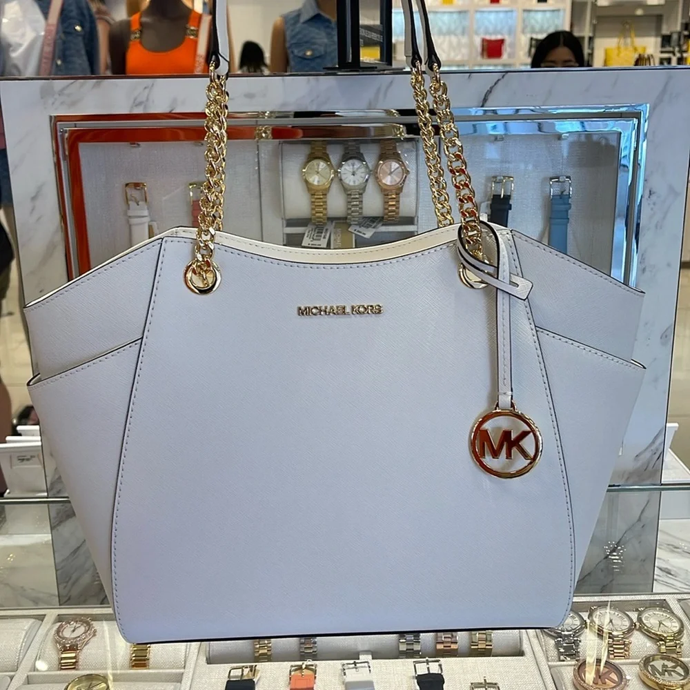 Michael Kors Jet Set Travel Lg Saffiano Leather Chain Shoulder Tote Optic White