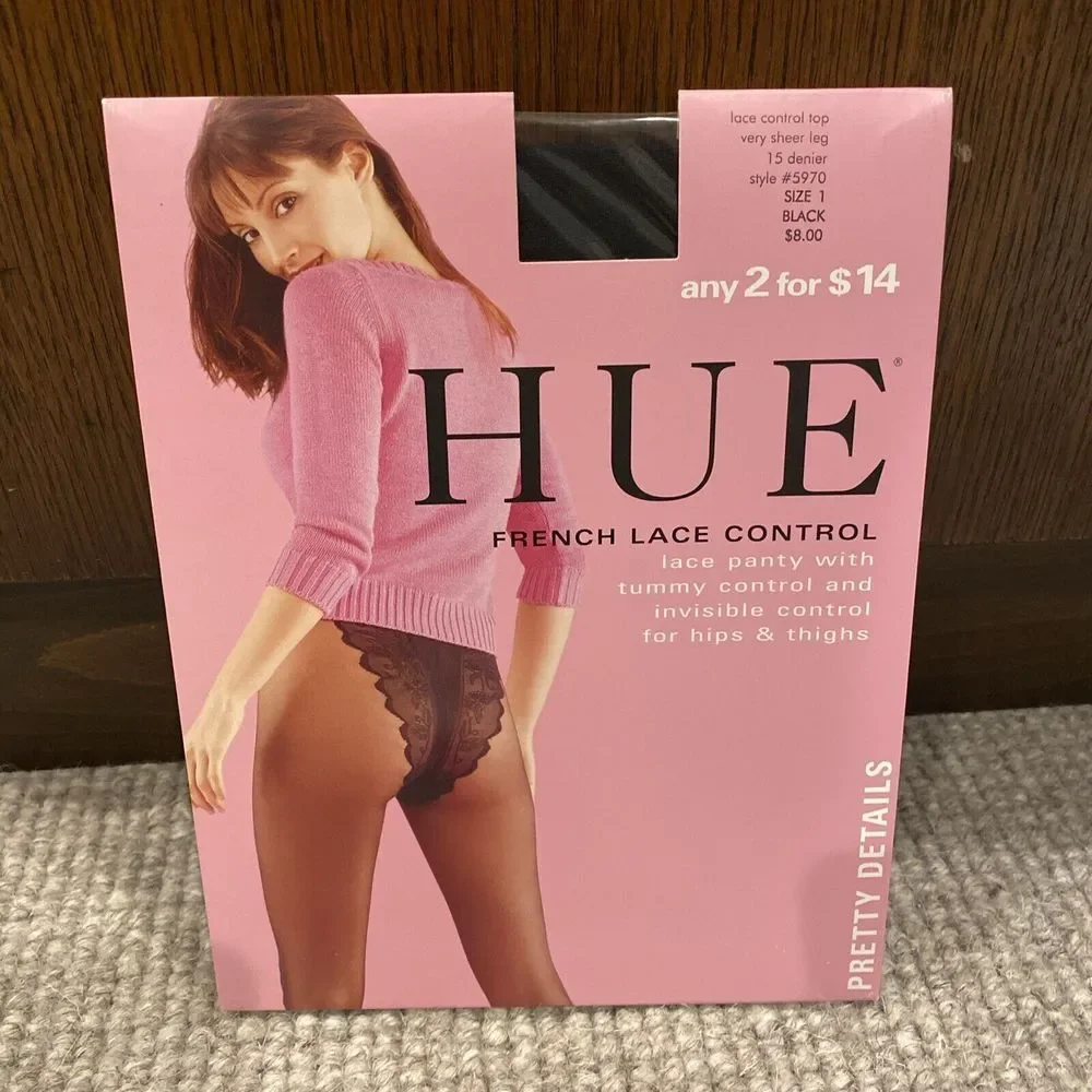 1 PR Hue Sexy Vintage French Lace Panty Control Top‎ Sheer Black Hose Size 1 NIP