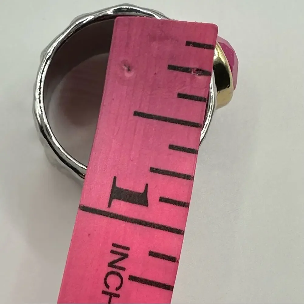 Pink Faceted Ring Hammered Silver Two tone Size 7.5 7 1/2 Costume Jewelry Funky