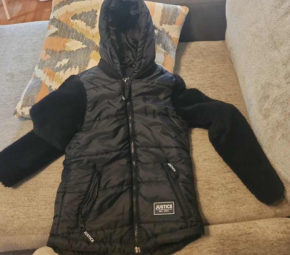 Justice Black Quilted Jacket with Faux Fur Sleeves