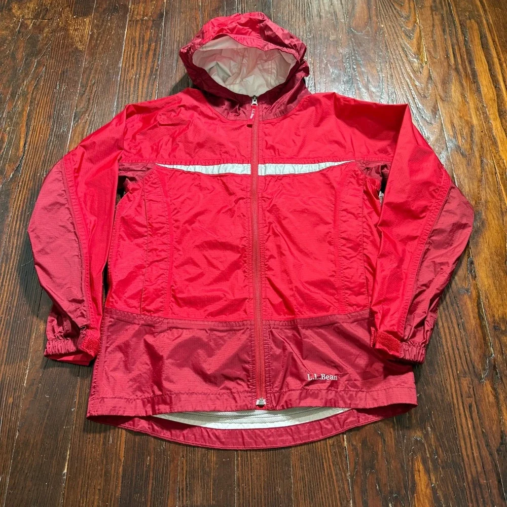 LL Bean Rain‎ Jacket Youth Large Red Kids Hooded Waterproof Reflective **READ**