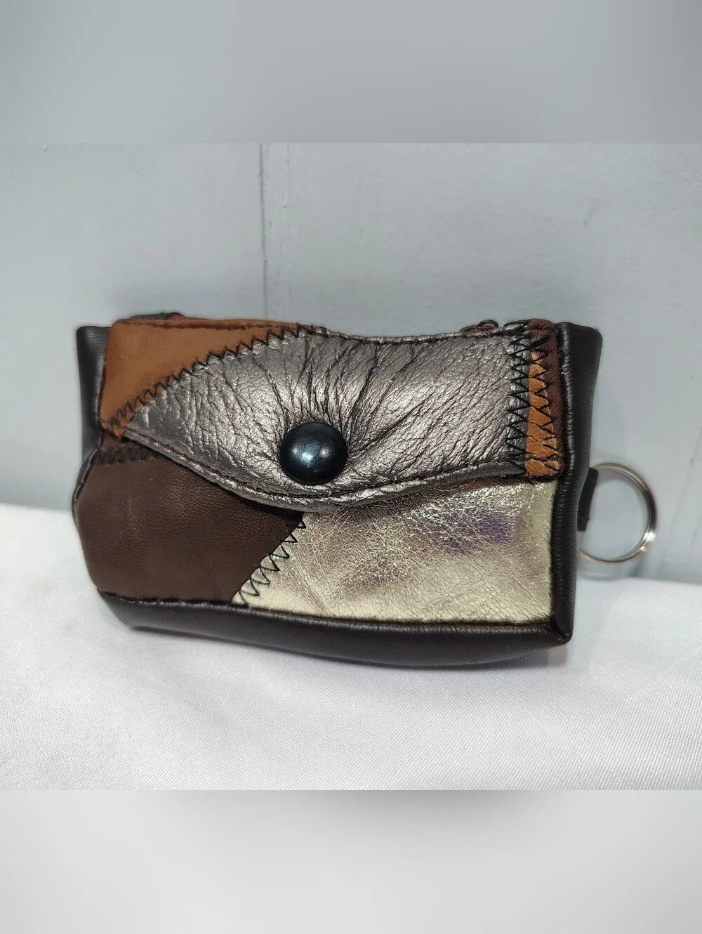 Vintage Brown Patchwork Leather Key Ring Wallet Coin Pouch Zig Zag Stitch