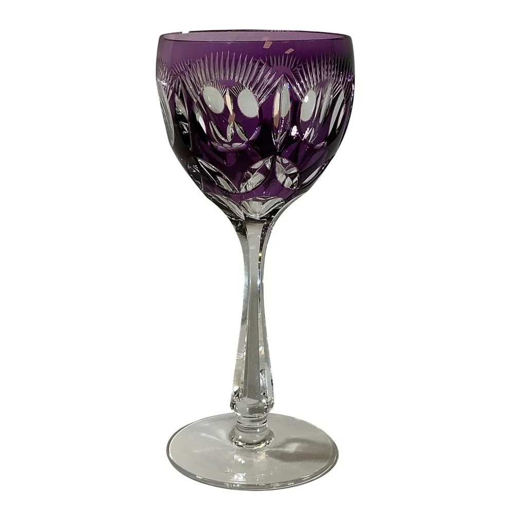 Vintage BOHO Amethyst Purple Cut to Clear Crystal Wine Goblet Faceted Stem 8.25