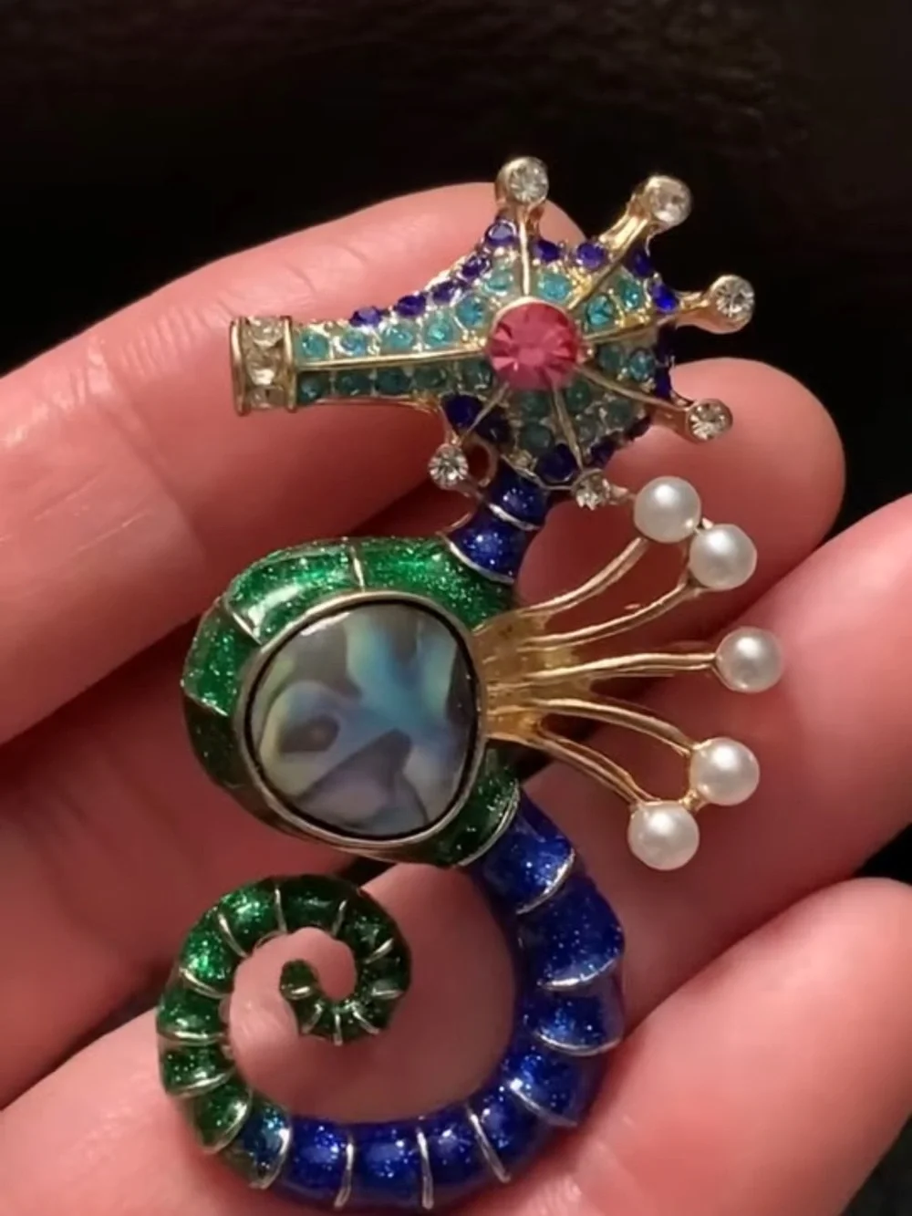 Green and Blue Seahorse Brooch with Abalone Center and Pearls