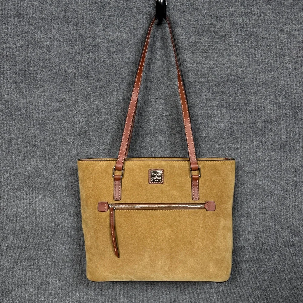 Dooney & Bourke Suede Shopper Shoulder Tote Bag Cream Leather Zipped Pockets