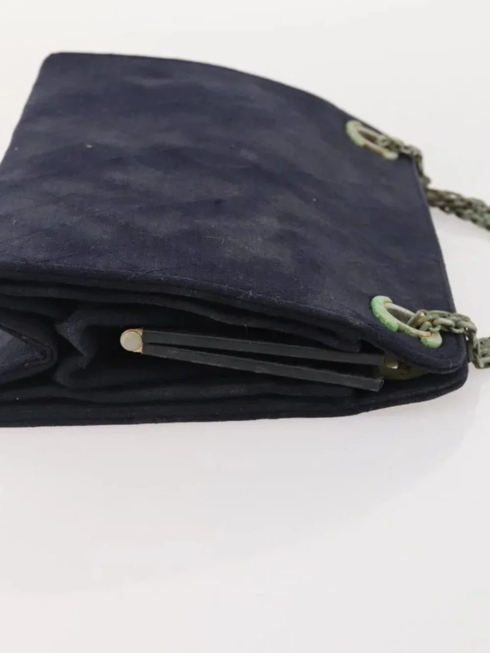 CHANEL Matelasse Chain Hand Bag Cotton Navy Gold CC Auth YKZ061