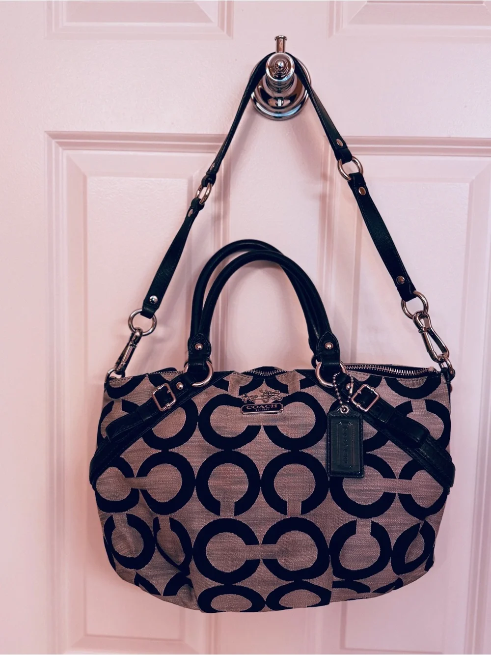 Coach Op Art Signature Jacquard Satchel Crossbody Black Ivory Style 17000 EUC