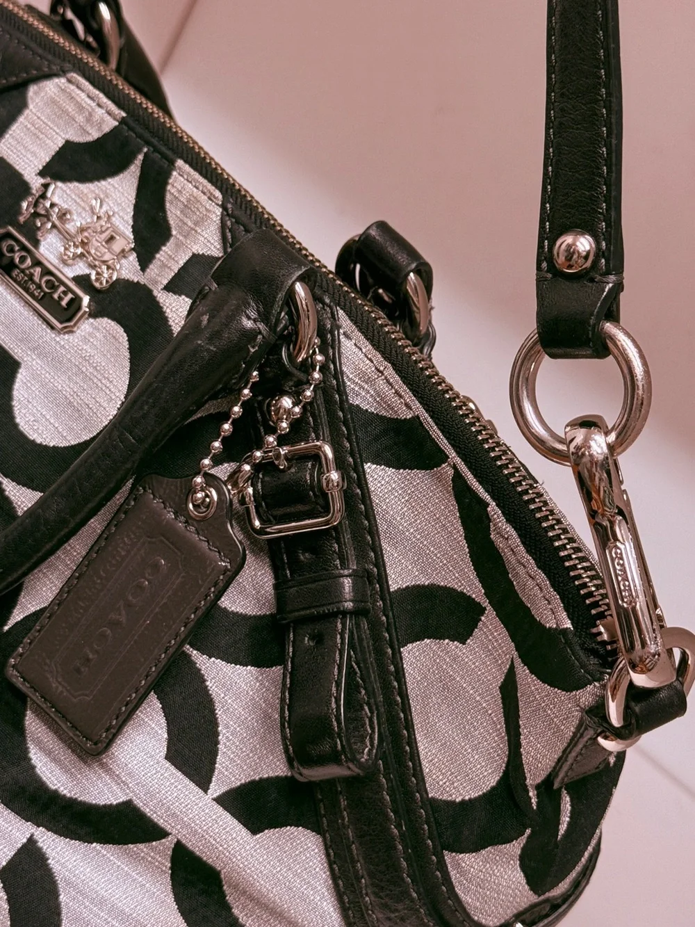 Coach Op Art Signature Jacquard Satchel Crossbody Black Ivory Style 17000 EUC