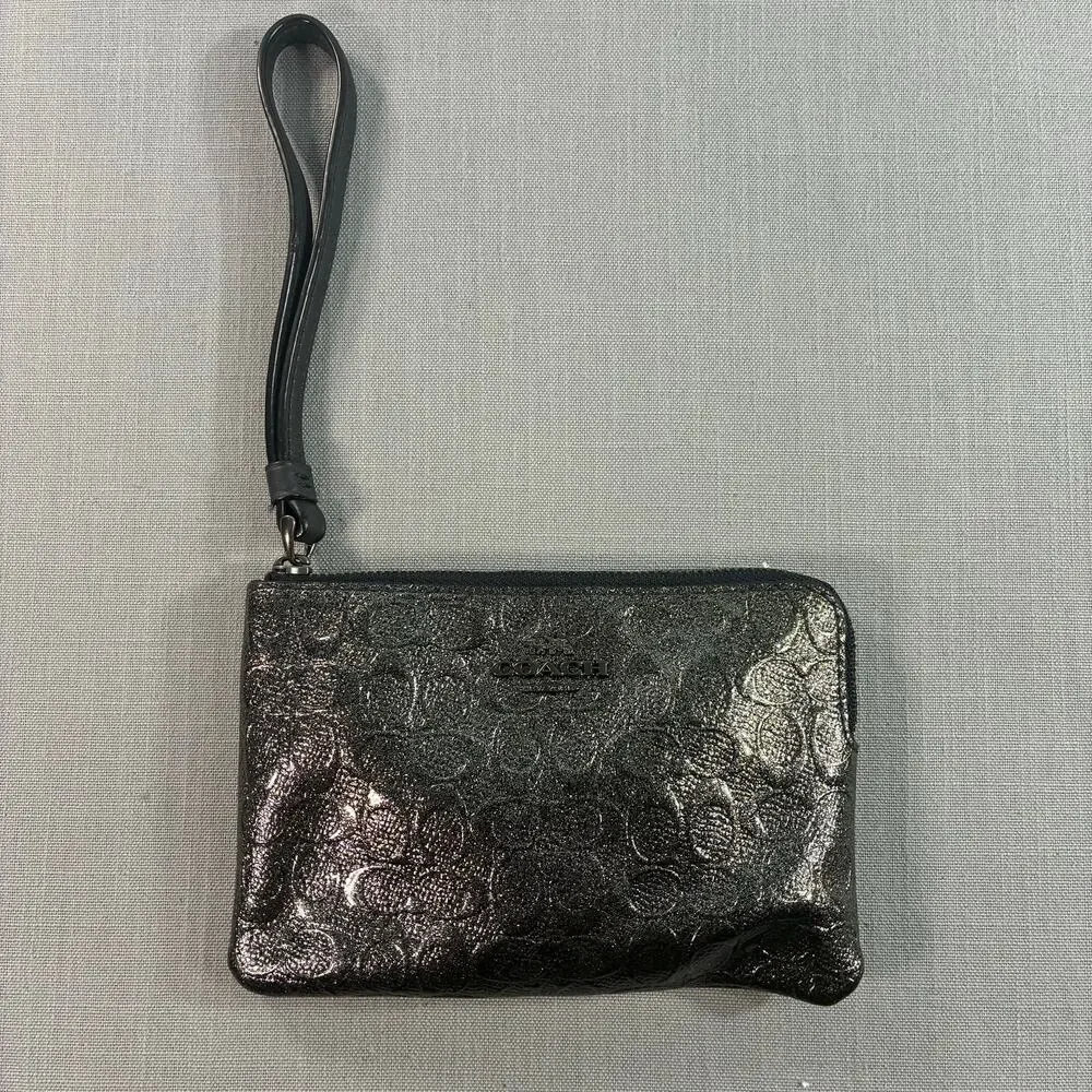 Coach Metallic Signature Embossed Leather Wristlet Black Gunmetal Zip Pouch