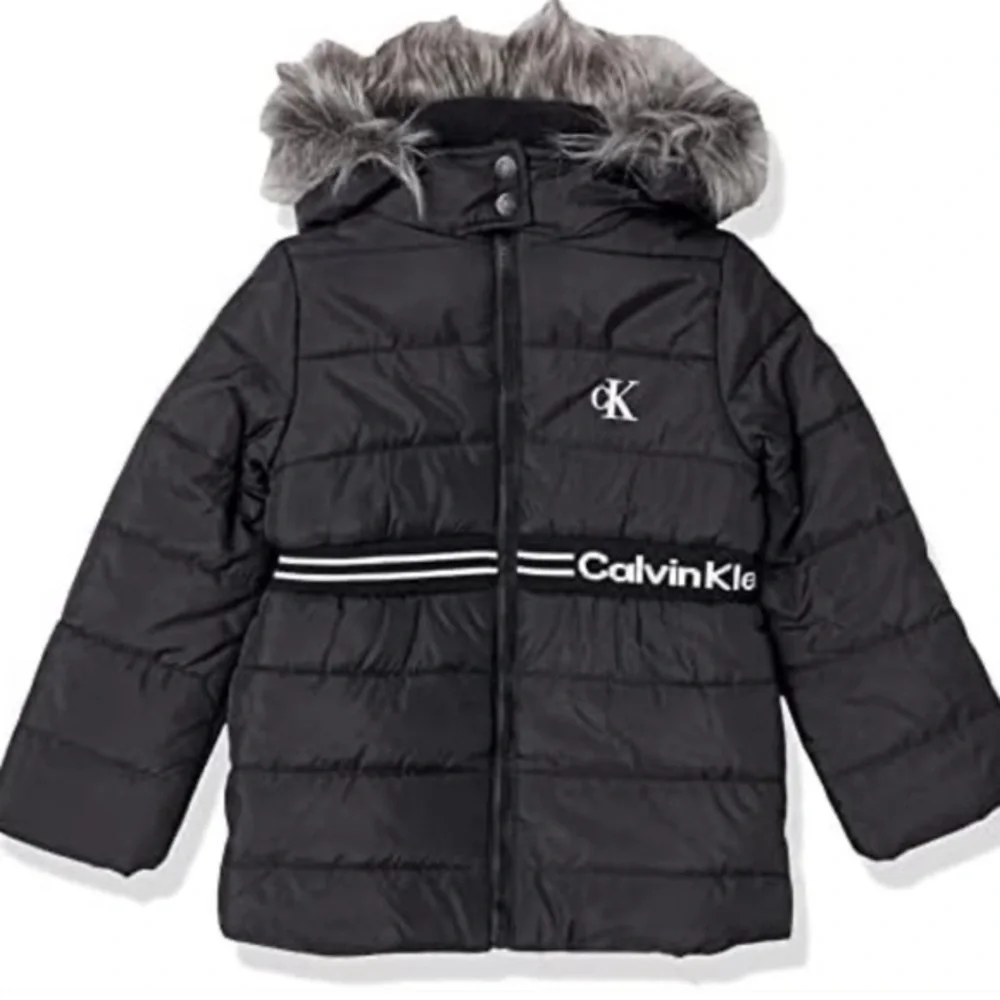 Calvin Klein girl Hooded Black Puffer Jacket With Fleece Lining Down Size XL/16
