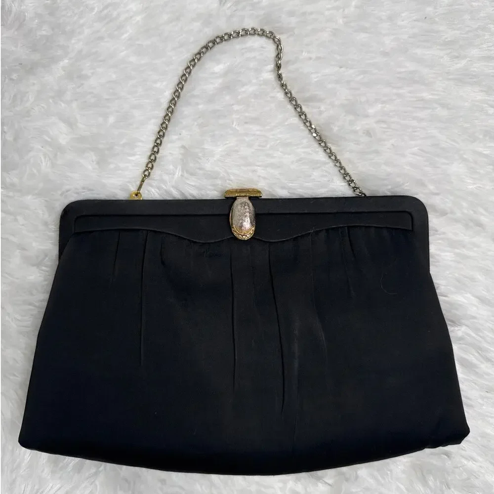 1950s After Five Black Satin Evening Clutch Rhinestone Clasp Coin Purse USA