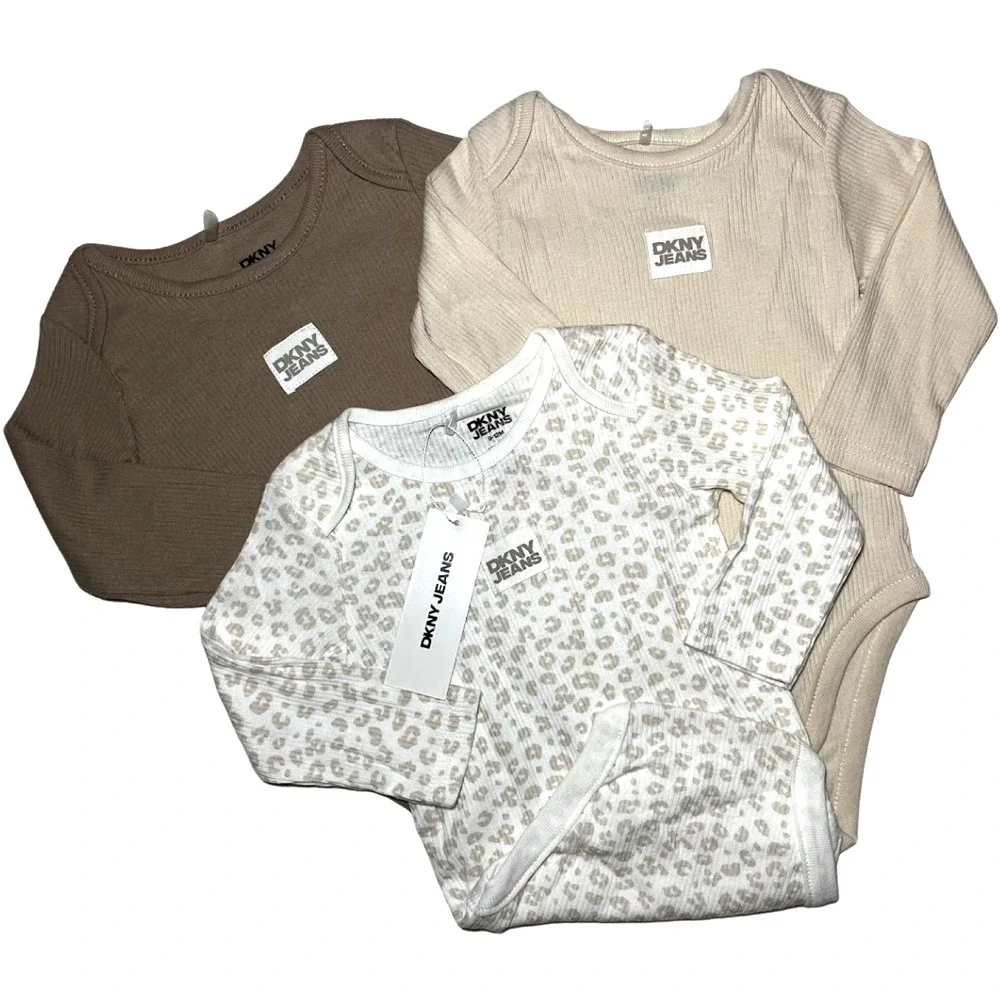 DKNY Baby Girl 9 12 Mos Long Sleeve Bodysuit Lot Brown Tan Leopard Cotton‎ 3pc