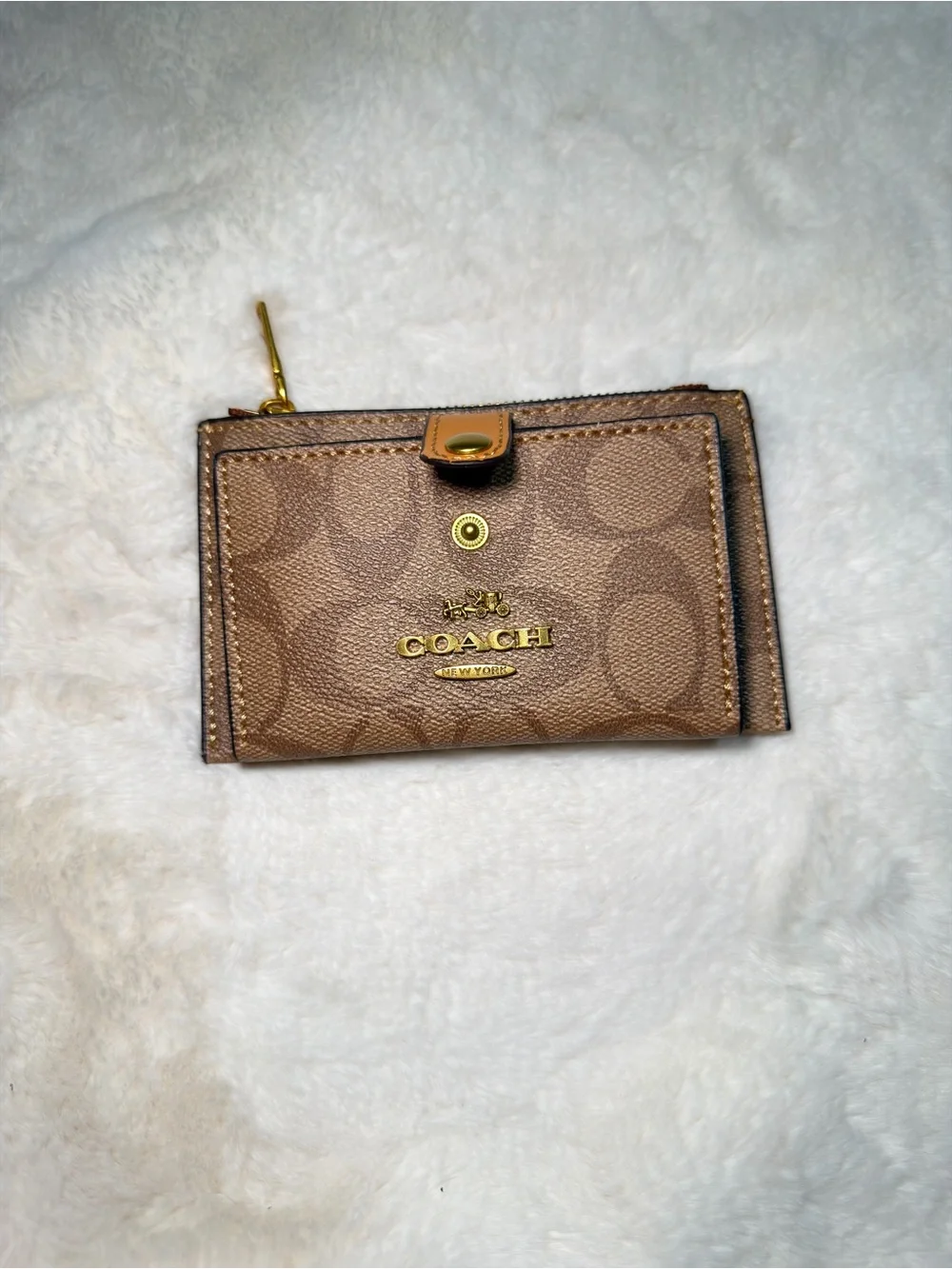 Coach Brown Monogram Zip Card Case with Gold Hardware