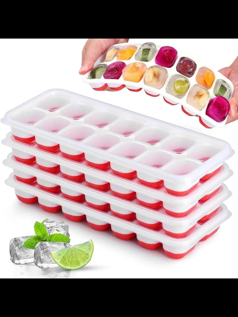 Stackable Silicone Ice Cube Trays with White Lids and Red Bases