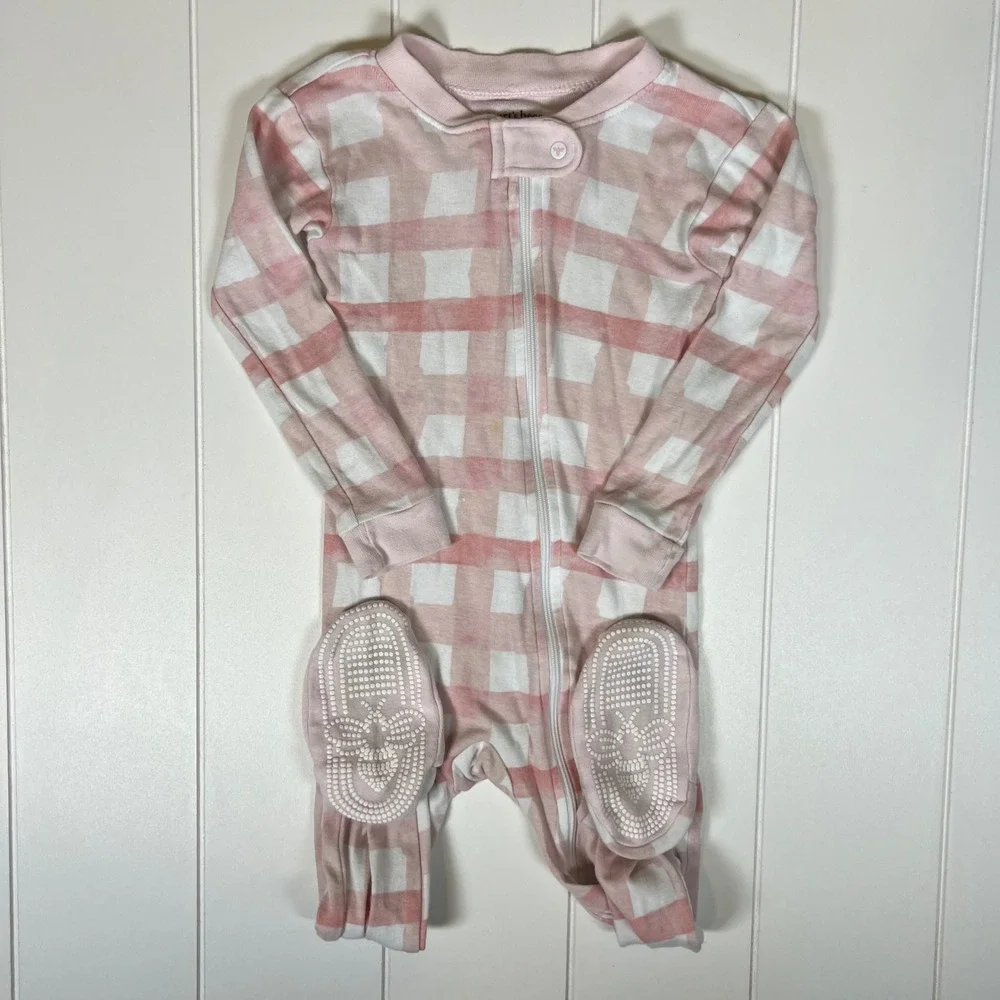 Burts Bees Baby Pink Gingham Organic Cotton Zip Front Footed Pajamas 18M Sleeper