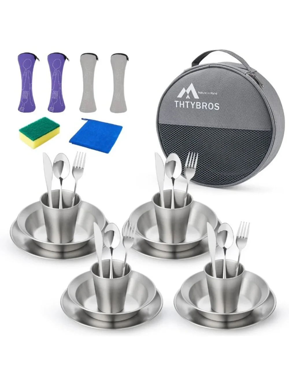 All-in-One Stainless Steel Camping Cookware Set for 1-4, Mess Kit with Plates