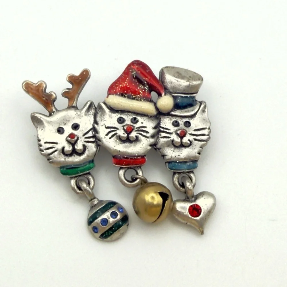 AJMC Christmas Cat Brooch Dangle Charms Santa Reindeer Snowman Pin Bell