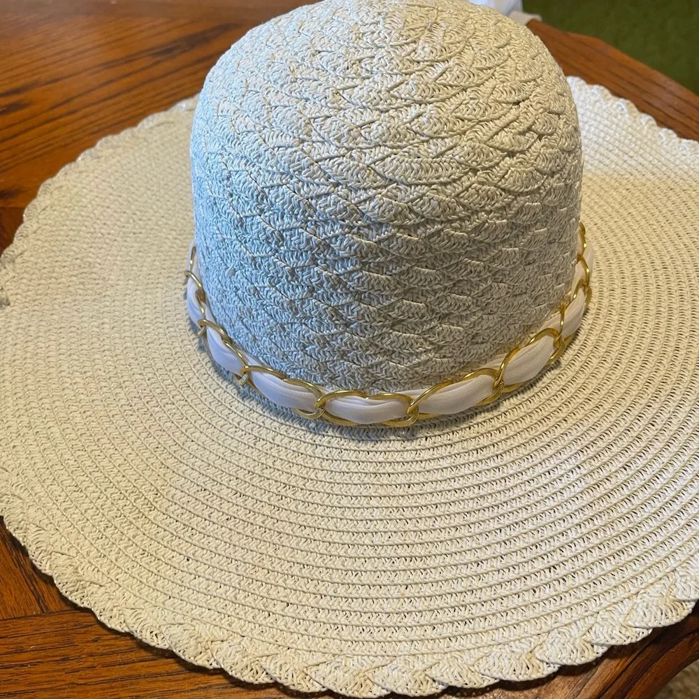 Marcus Adler White Packable Floppy Sun Hat Beach Scarf Trim Wide Brim One Size