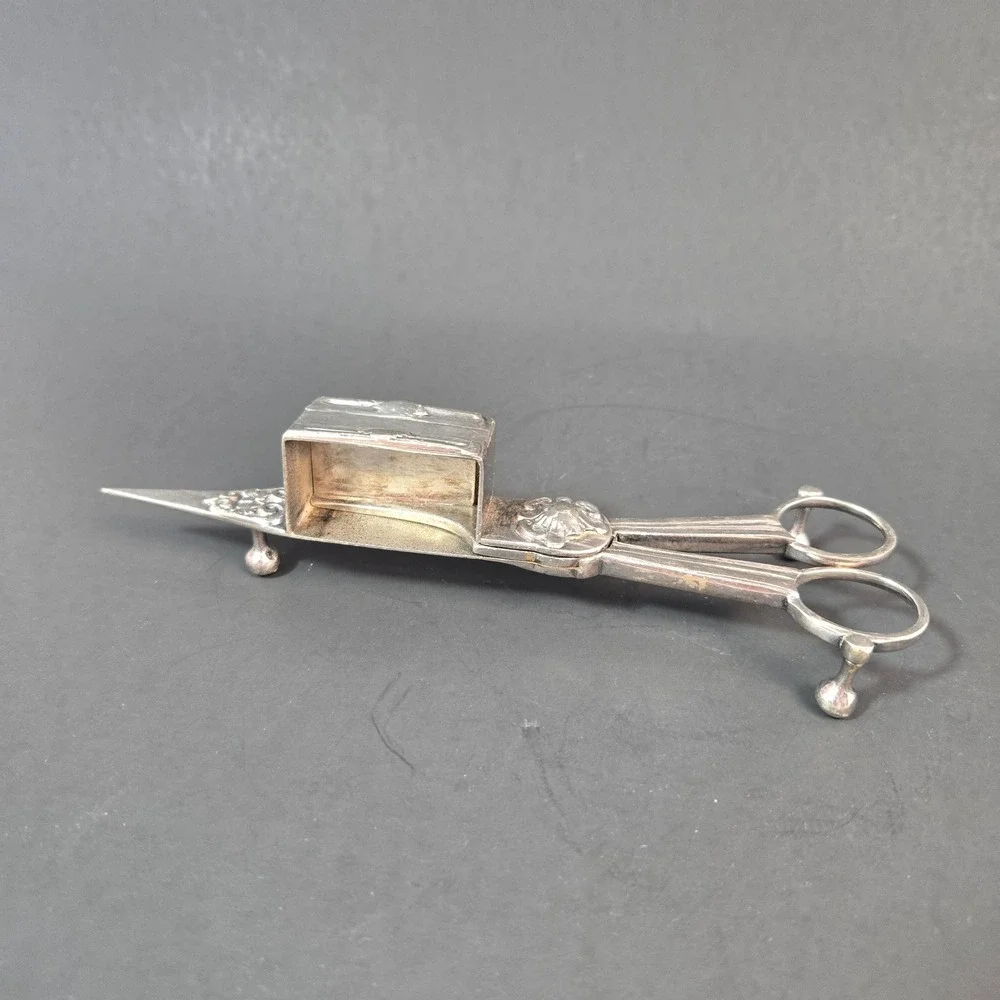 Antique Silver Tone Candle Snuffer Wick Trimmer Scissor Ornate Floral Victorian