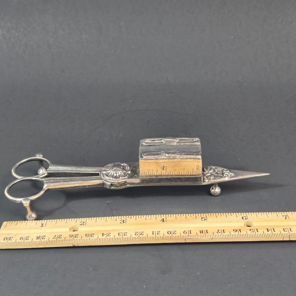 Antique Silver Tone Candle Snuffer Wick Trimmer Scissor Ornate Floral Victorian