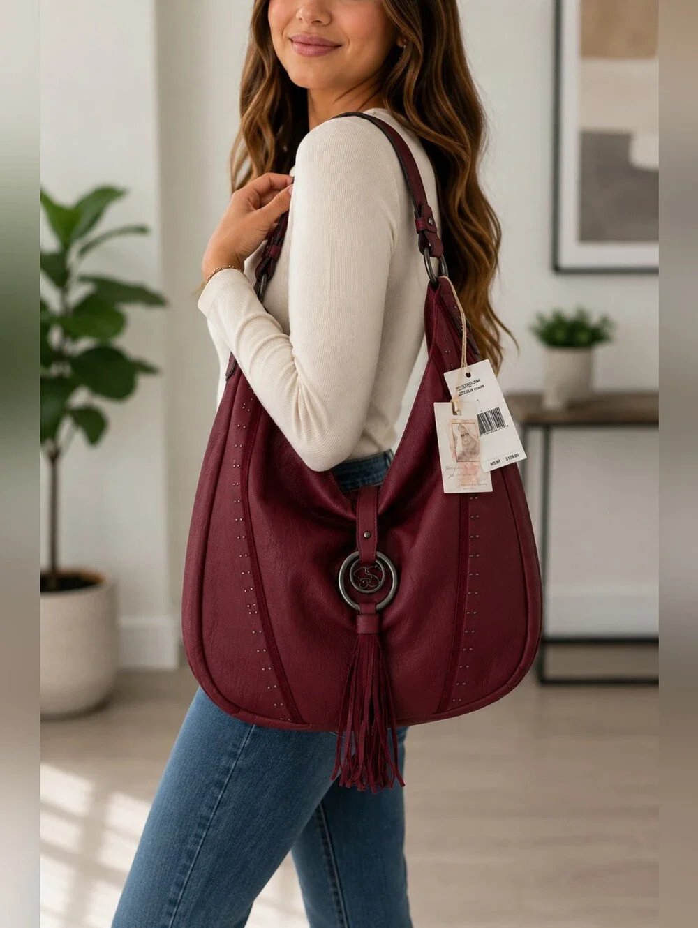 Jessica Simpson Natalie Hobo Bag Burgundy Studded Tassel Shoulder Bag NWT