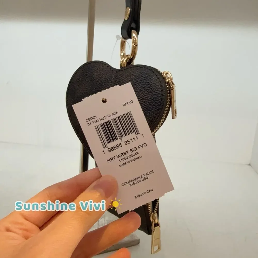 NWT Coach Wristlet And Heart Pouch Signature Canvas Charm Walnut/Black CEO28
